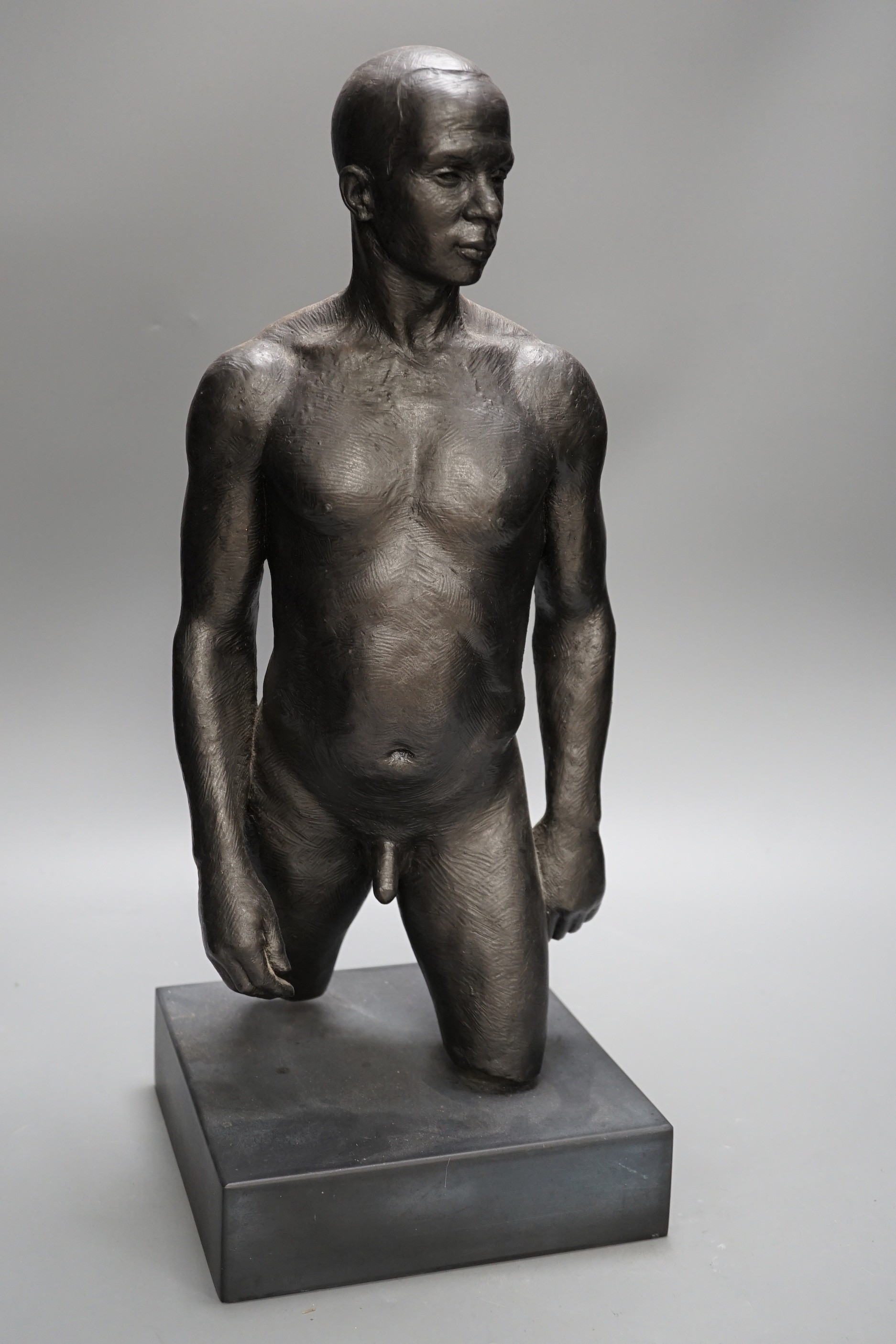 A bronzed plaster nude male torso, 48cms high